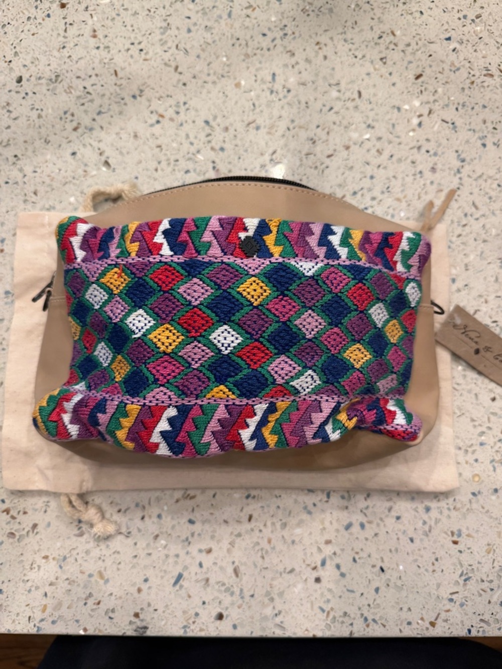 Nena & Co. Beige Leather Cosmetic Pouch with Multicolor Embroidered Panel